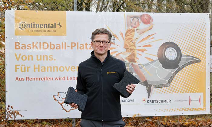 Continental builds basketball court using paving stones made from recycled racing tires